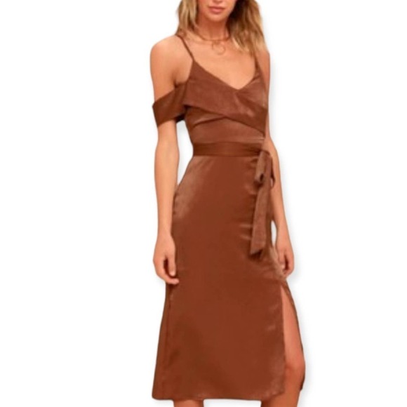 J.O.A. Anouk Satin Draped Shoulder Midi Dress S Side Slit Strappy Cocktail Brown - Picture 2 of 12